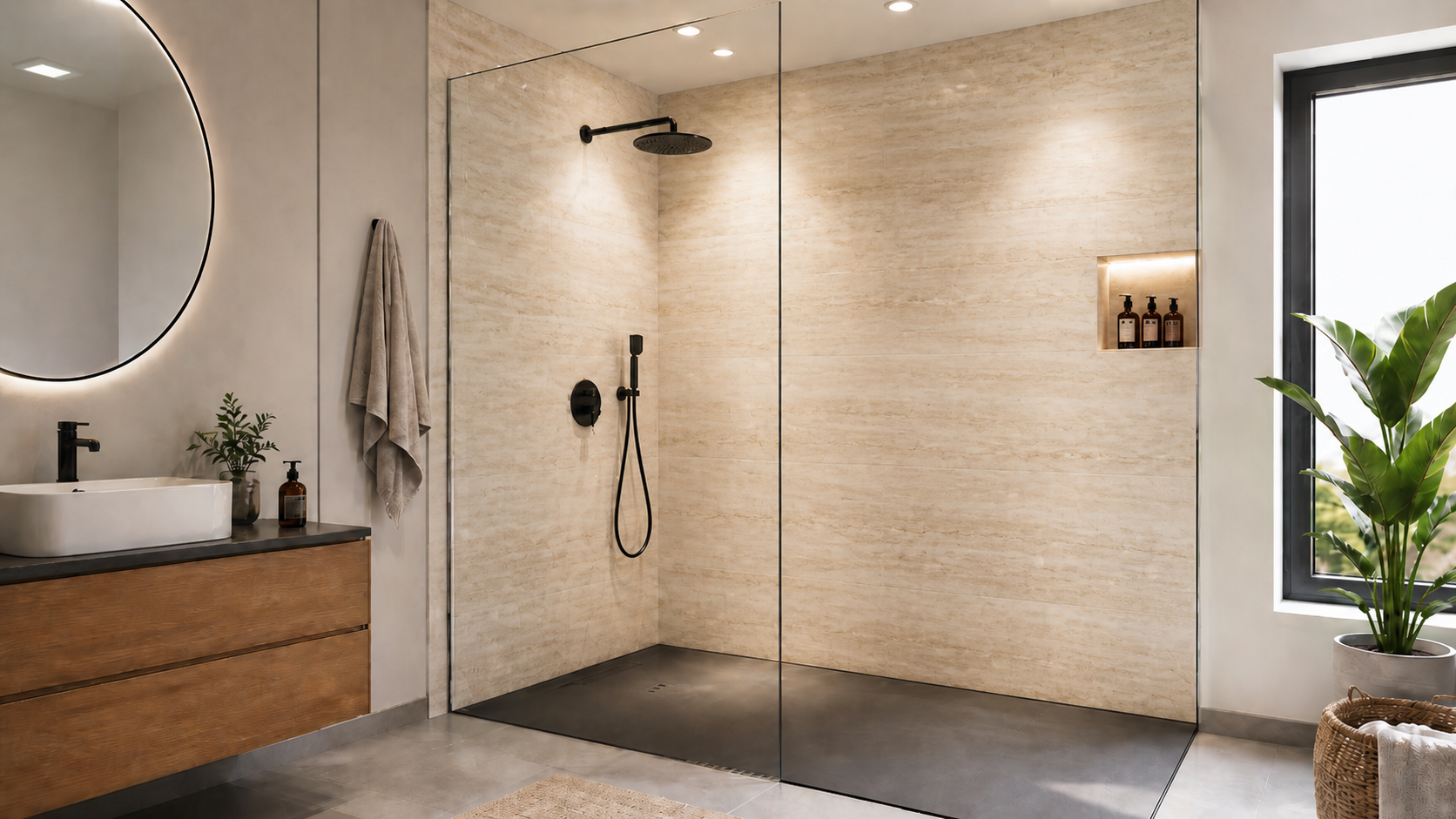 Moderne Dusche mit fugenloser Duschrückwand als pflegeleichte Alternative zu Fliesen