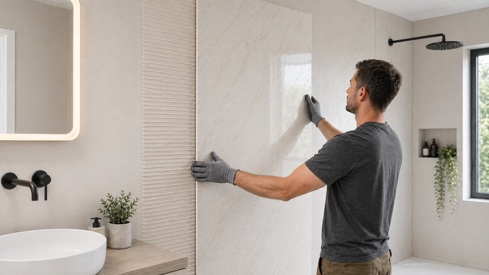 Dünnes PVC-Wandpaneel in Marmoroptik wird mit Montagekleber an der Wand angebracht