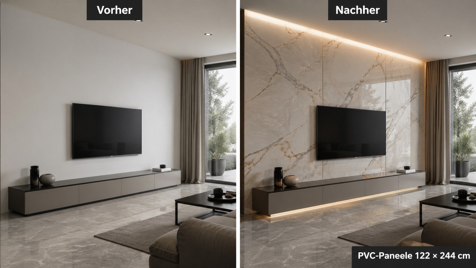 Vorher Nachher Badrenovierung mit alten Fliesen und neuen großformatigen PVC-Wandpaneelen in Marmoroptik