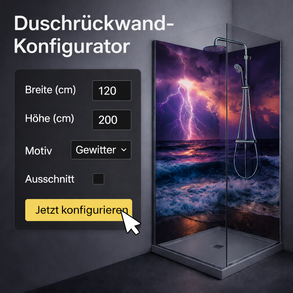 Duschrückwand Konfigurator für eine Duschrückwand nach Maß mit Wunschmotiv