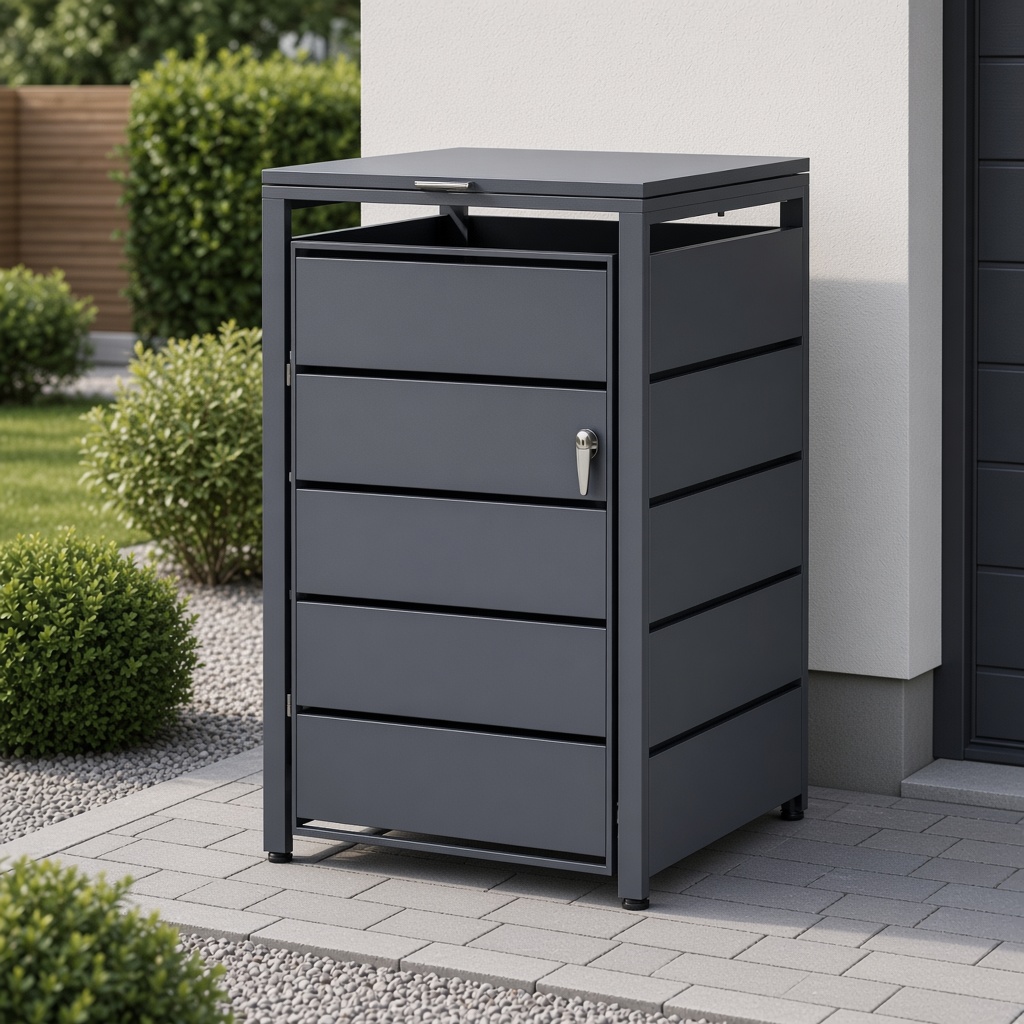 Anthrazitfarbene Mülltonnenbox mit Lamellenfront auf einem gepflasterten Stellplatz