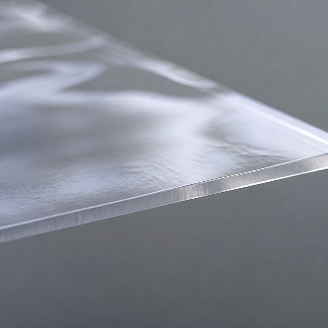 Detailaufnahme klare Kunststoffplatte — Transparenz und Kante
