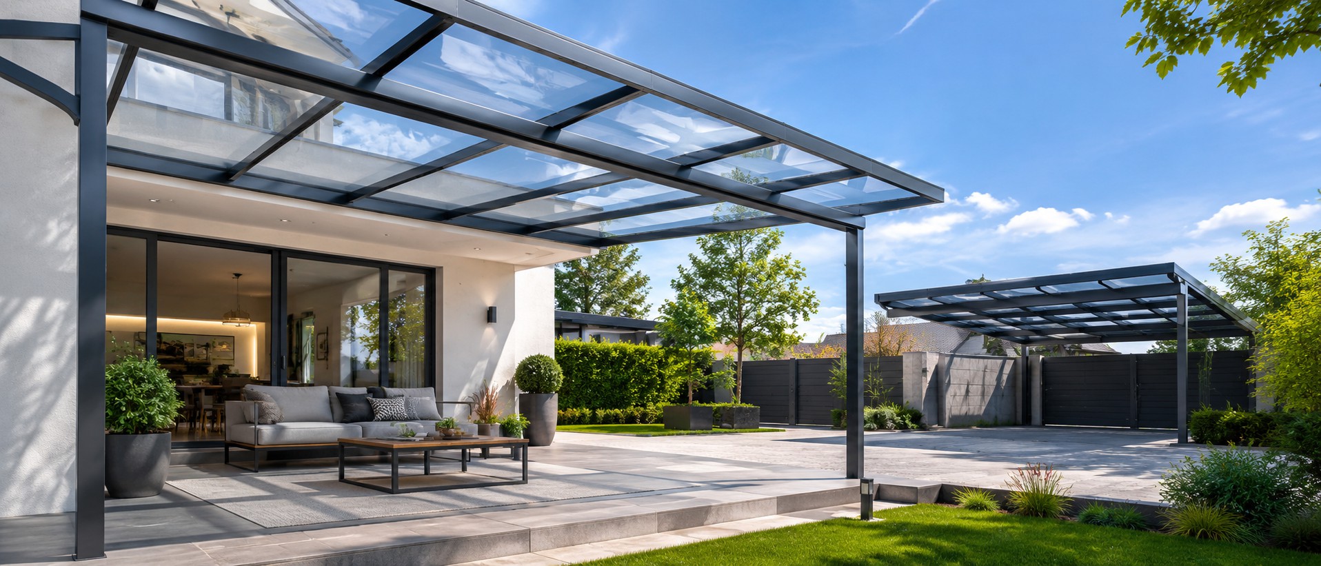 Terrassenüberdachung mit klaren Polycarbonat-Platten