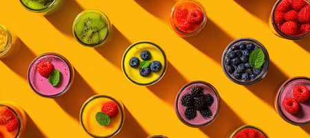 Bright and bold promo banner featuring diagonal rows of healthy breakfast bowls and smoothie jars. Each item is set against a vivid solid color background, perfect for online store showcases.