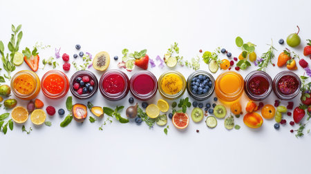 An assortment of colorful jars filled with fruit jams, compotes, and pickled vegetables, arranged on a clean white background, showcasing preservation techniques.
