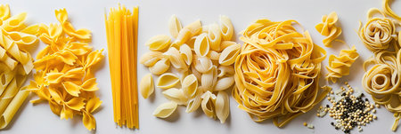 A border of different types of raw pasta arranged in a line white isolated.