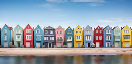 A picturesque scene featuring a vibrant array of beachfront houses under a serene sky.