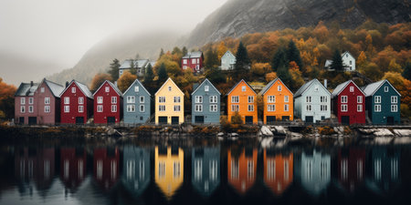 Yellow and red houses by the lake, Scandinavian style. Image for poster. Generative AI