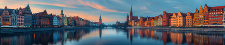 historic European buildings in fall, lined with orange and yellow trees along a riverbank under cloudy skies.