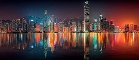 A vibrant cityscape is showcased at night with numerous illuminated skyscrapers. The architectural forms are mirrored in the calm water below, creating symmetry. The image has a rich color palette featuring blues, oranges, and yellows. It may be used for 