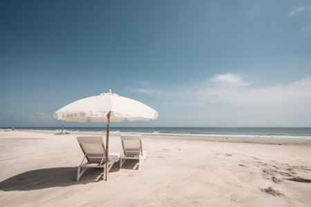 Unwind and enjoy a peaceful vacation with two beach chairs and umbrellas on the serene beach, overlooking the glistening ocean. AI Generative.