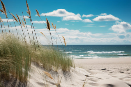 Dune grass on sand dune with blue sky and sea background