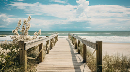 Wooden walkway on the beach with blue sky and white clouds