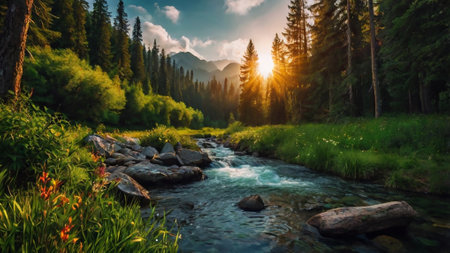 Mountain river at sunset. Beautiful summer landscape in the mountains.