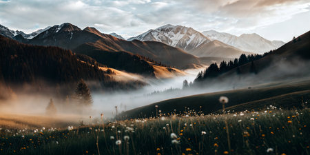 A picturesque sunrise over a misty meadow in the mountains, wildflowers in the foreground and snow capped peaks in the background.