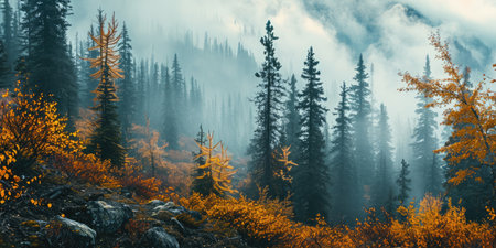 the land of pine trees, rain forest, mist, autumn fog