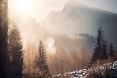 Beautiful winter landscape in the mountains with fog and sunbeams