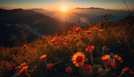 Mountain meadow blooms in summer sunset beauty generated by artificial intelligence