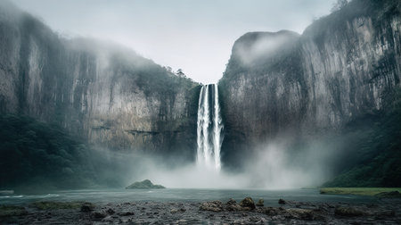 Panoramic view of Milford Sound waterfall, New Zealand.