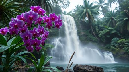 Beautiful purple orchid flowers and waterfall in the garden,Thailand