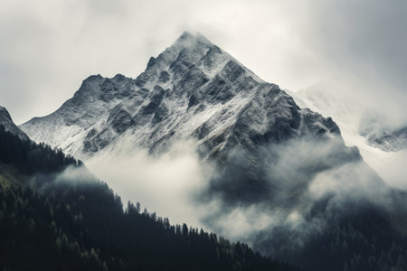 Mystical Alps: A Majestic Mountain Enveloped by a Foggy Sky