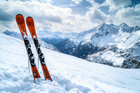 skis leaning against a snowy mountain slope. free copy space.