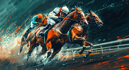 A painting depicting two jockeys vigorously racing their horses in the midst of a heavy rainstorm.