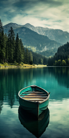 meadow mediterranean lake scene with boat on calm waters, framed by mountainous vistas. calming, introspective aesthetic in shades of dark green, aquamarine, dark turquoise, and light brown. swiss style with juxtaposed imagery, evoking the feel of a lake 
