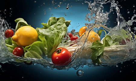 group of vegetables in the water, splashing in water