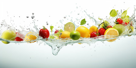 Water splash with fruits and vegetables isolated on white background. 3d illustration