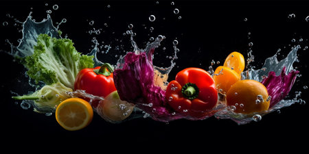 Flying fruits and vegetables splashes in to clear water on dark background. Fresh healthy food concept. Generative AI.
