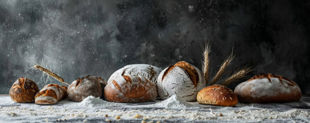 A variety of bread, including sourdough and rye, spread out on a flour-dusted surface. The background is a dark, rustic wall with significant copy space, emphasizing the bread's texture.
