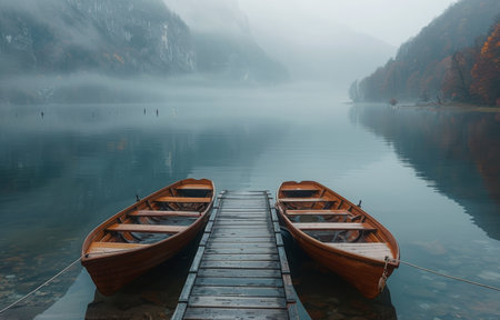 Two wooden boats are moored at a wooden dock on a calm lake with a misty, mountainous background.