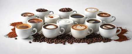 A collection of white ceramic mugs filled with various coffee beverages, artfully arranged with scattered roasted coffee beans on a white surface.