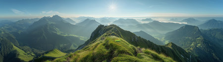 A mountain range stretches out in the distance, with a sun-drenched peak in the foreground. The sky is blue with scattered clouds.
