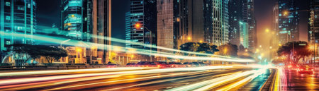 Glowing Cityscape At Night With A Blurred Light Trail Effect Banner Background